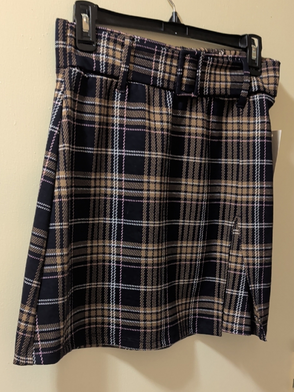 SO Plaid Knit Mini Skirt in Navy, Gold and White